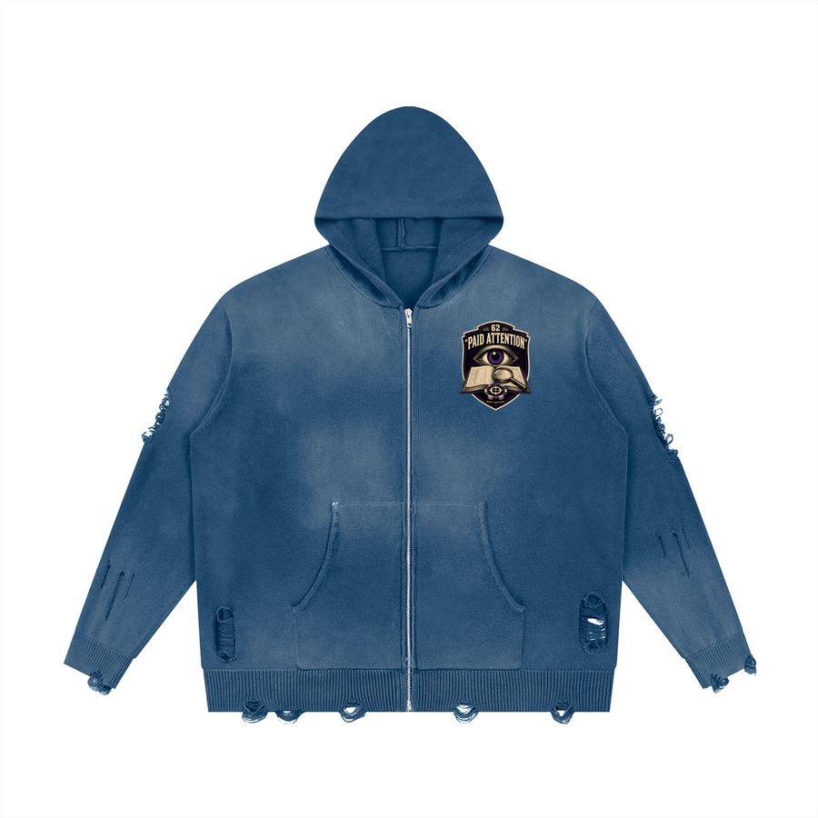 Unisex Distressed Full Zip Sweater