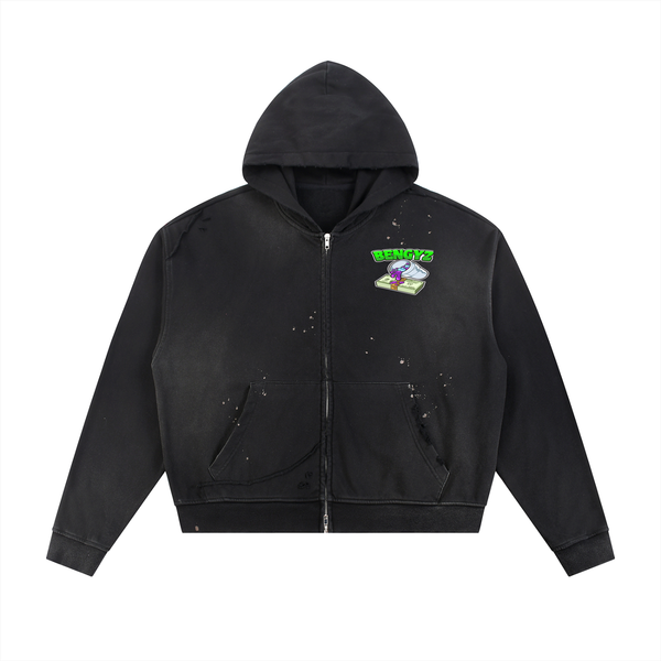 Sun Fade Frayed Raw Edge Fleece Zip Hoodie