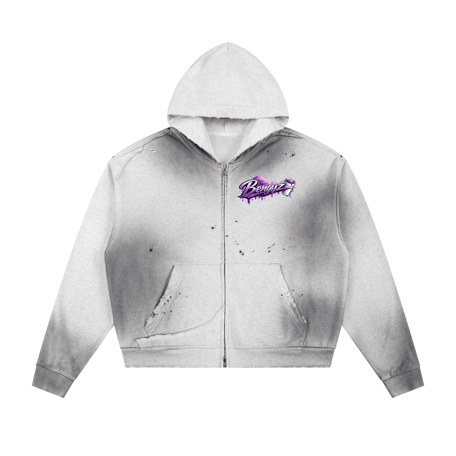 Sun Fade Frayed Raw Edge Fleece Zip Hoodie
